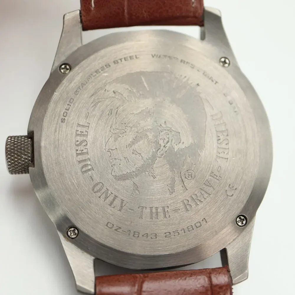 Diesel Mens Gunmetal Gray 46mm Watch Brown Faux Leather DZ1843 w New Battery